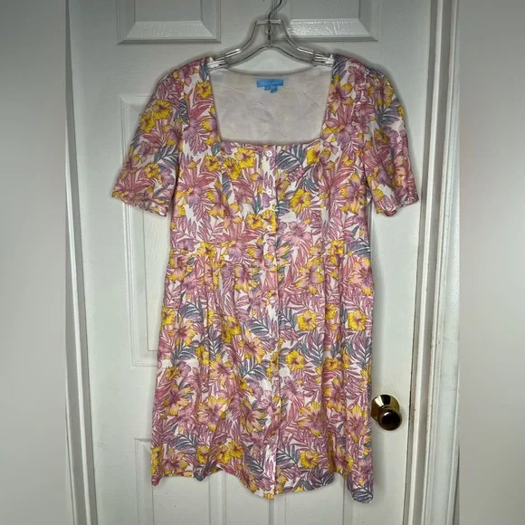 draper james Square Neck Button Boho Linen Floral Pink Womens Mini Dress Size 12 - Picture 2 of 10